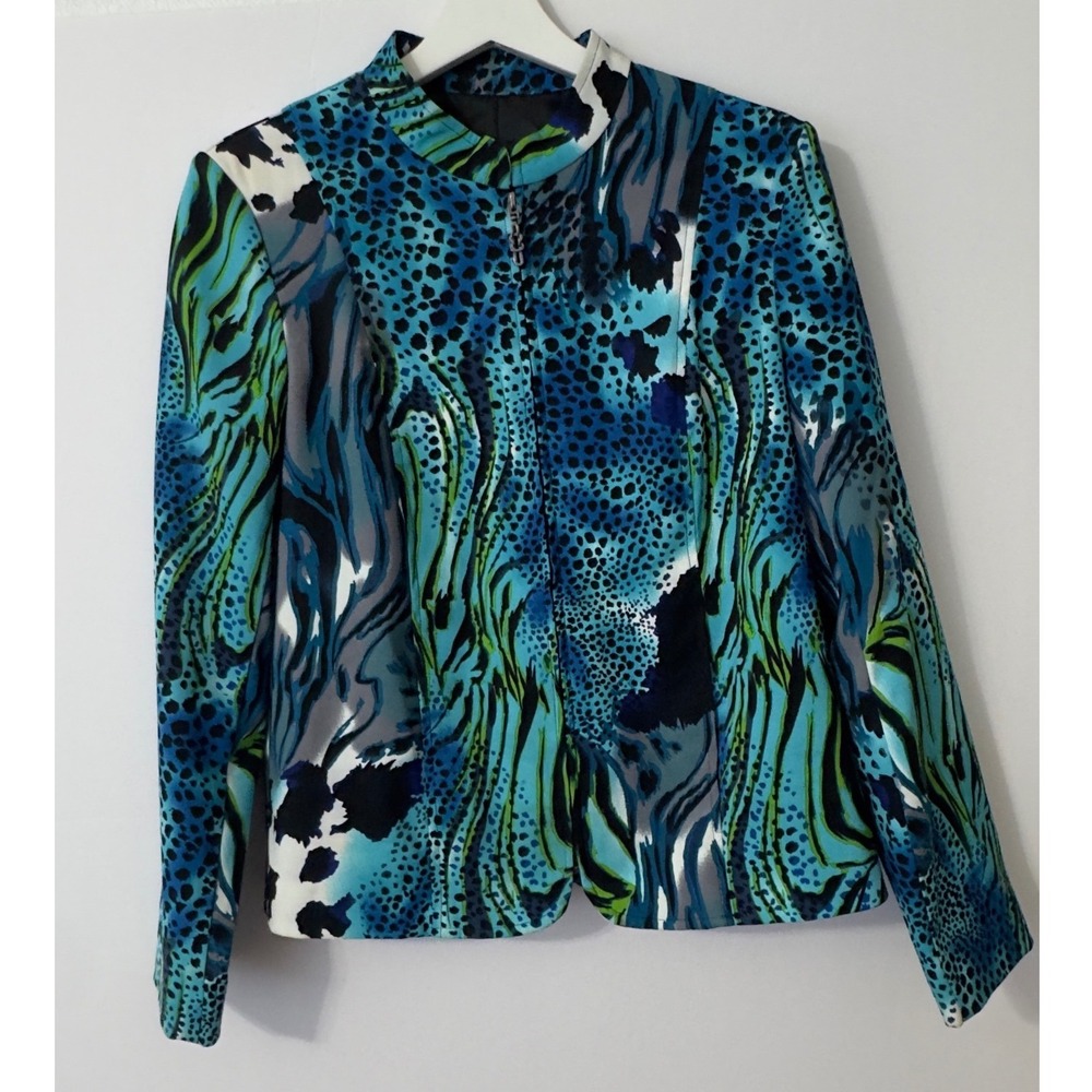 Molly & Maxx Animal Print Zip Up Jacket Womens S Blue Green Y2K Maximalist Artsy